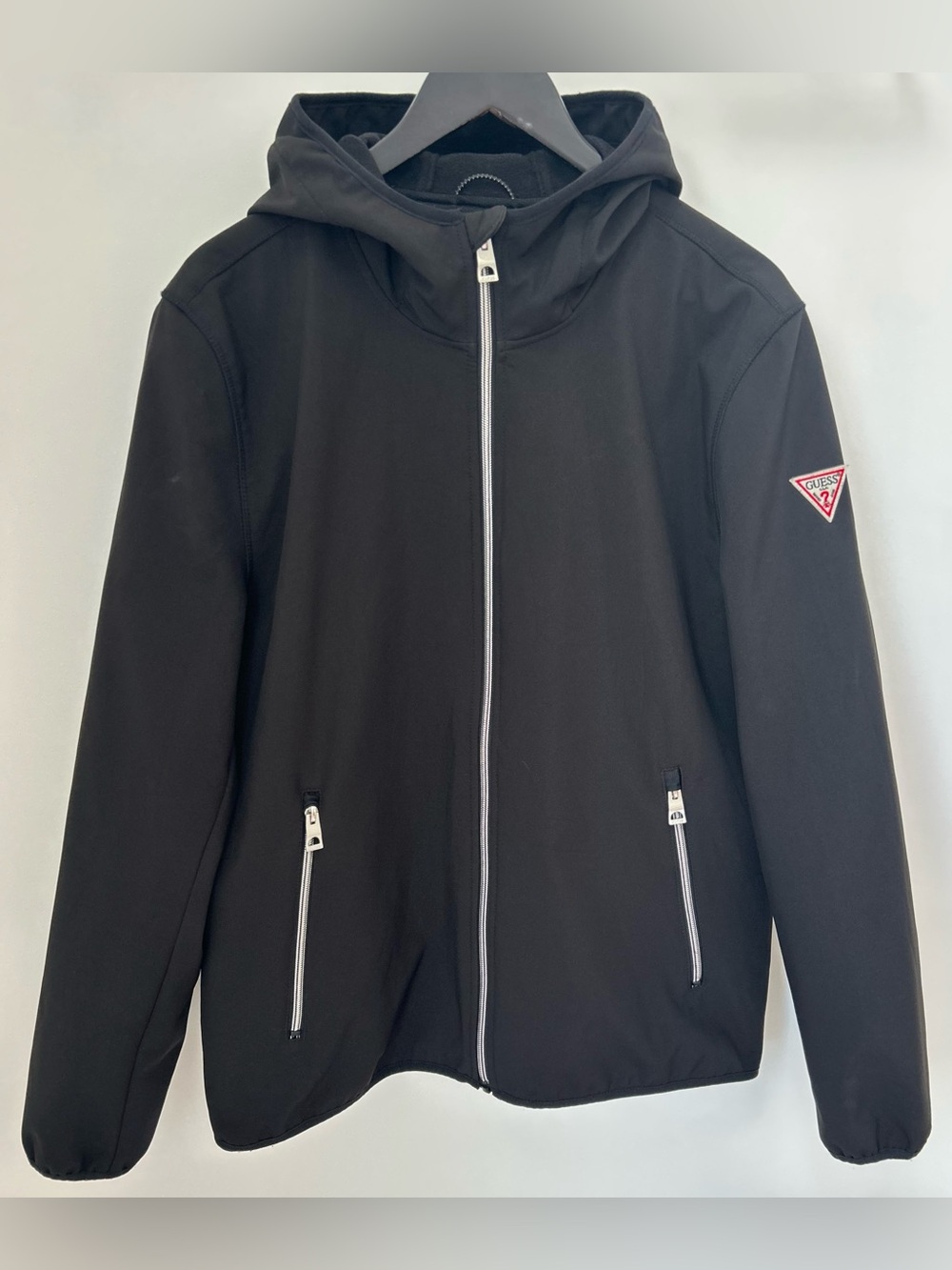 Guess Men’s Large Black Softshell Hooded Jacket Fleece Lined Full Zip